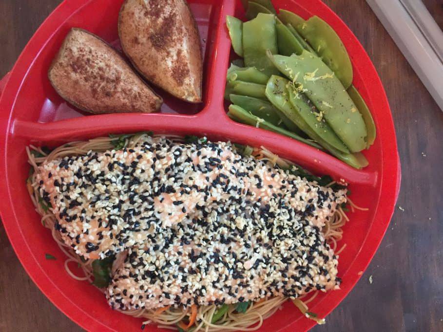 Wild Caught Salmon encrusted with Sesame Seeds, Roasted Pears with Chinese Five Spice, Lemon Snow Peas