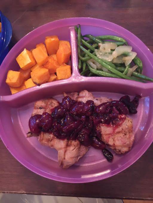 Maple Leaf Farms Duck Breast with Homemade Cherry Compote, Green Beans with Leeks, and Butternut Squash